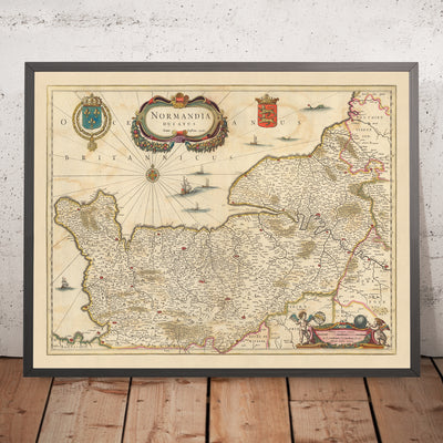 Alte Karte des Herzogtums Normandie von Visscher, 1690: Caen, Le Havre, Rouen, Cherbourg-en-Cotentin, Normandie-Maine Park 