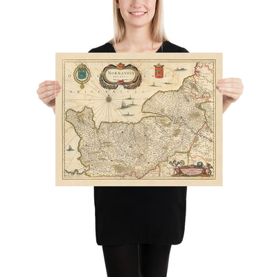 Alte Karte des Herzogtums Normandie von Visscher, 1690: Caen, Le Havre, Rouen, Cherbourg-en-Cotentin, Normandie-Maine Park 