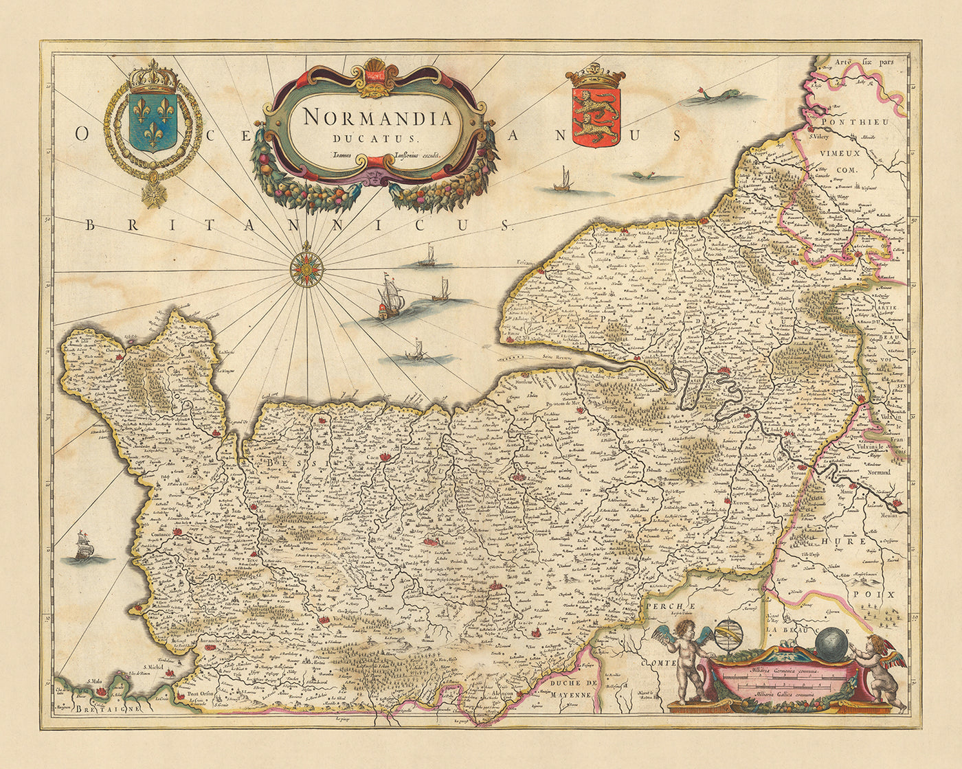Alte Karte des Herzogtums Normandie von Visscher, 1690: Caen, Le Havre, Rouen, Cherbourg-en-Cotentin, Normandie-Maine Park 