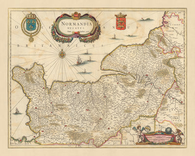 Alte Karte des Herzogtums Normandie von Visscher, 1690: Caen, Le Havre, Rouen, Cherbourg-en-Cotentin, Normandie-Maine Park 