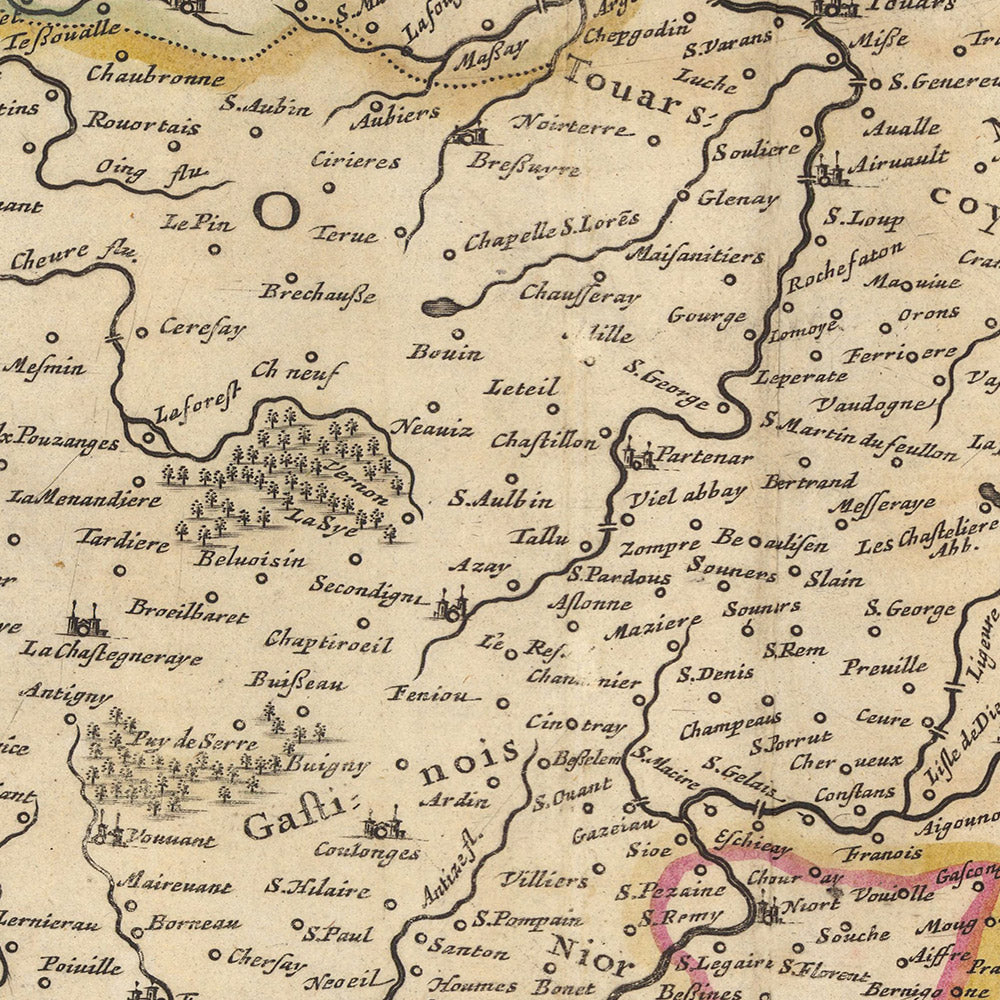 Antigua mapa del Ducado de Poitou, Francia por Visscher, 1690: Nantes, Angers, Poitiers, La Rochelle, Parque Natural Regional del Marais Poitevin 