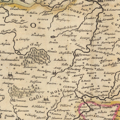 Antigua mapa del Ducado de Poitou, Francia por Visscher, 1690: Nantes, Angers, Poitiers, La Rochelle, Parque Natural Regional del Marais Poitevin 