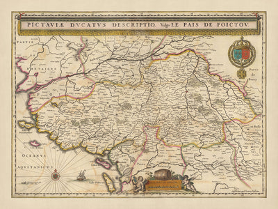 Antigua mapa del Ducado de Poitou, Francia por Visscher, 1690: Nantes, Angers, Poitiers, La Rochelle, Parque Natural Regional del Marais Poitevin 