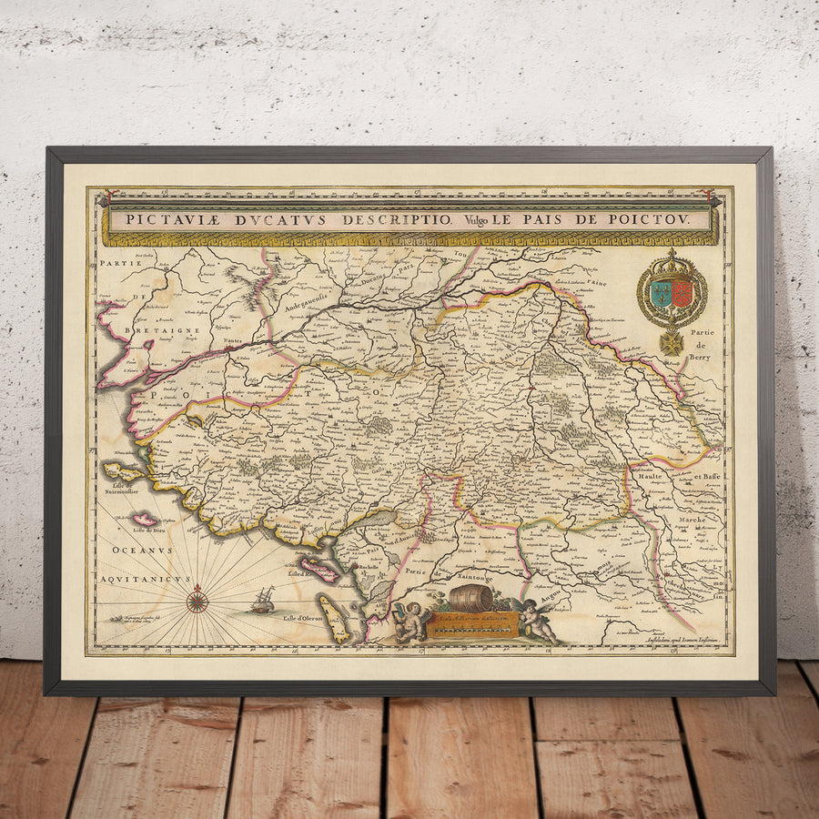 Mappa antica del Ducato di Poitou, Francia di Visscher, 1690: Nantes, Angers, Poitiers, La Rochelle, Parco Naturale Regionale del Marais Poitevin 
