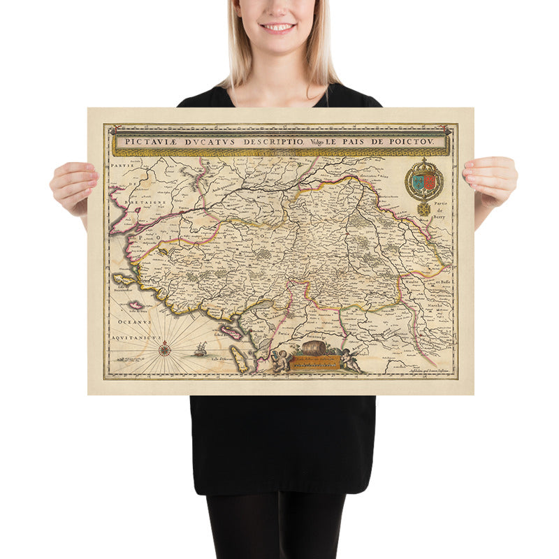 Mappa antica del Ducato di Poitou, Francia di Visscher, 1690: Nantes, Angers, Poitiers, La Rochelle, Parco Naturale Regionale del Marais Poitevin 