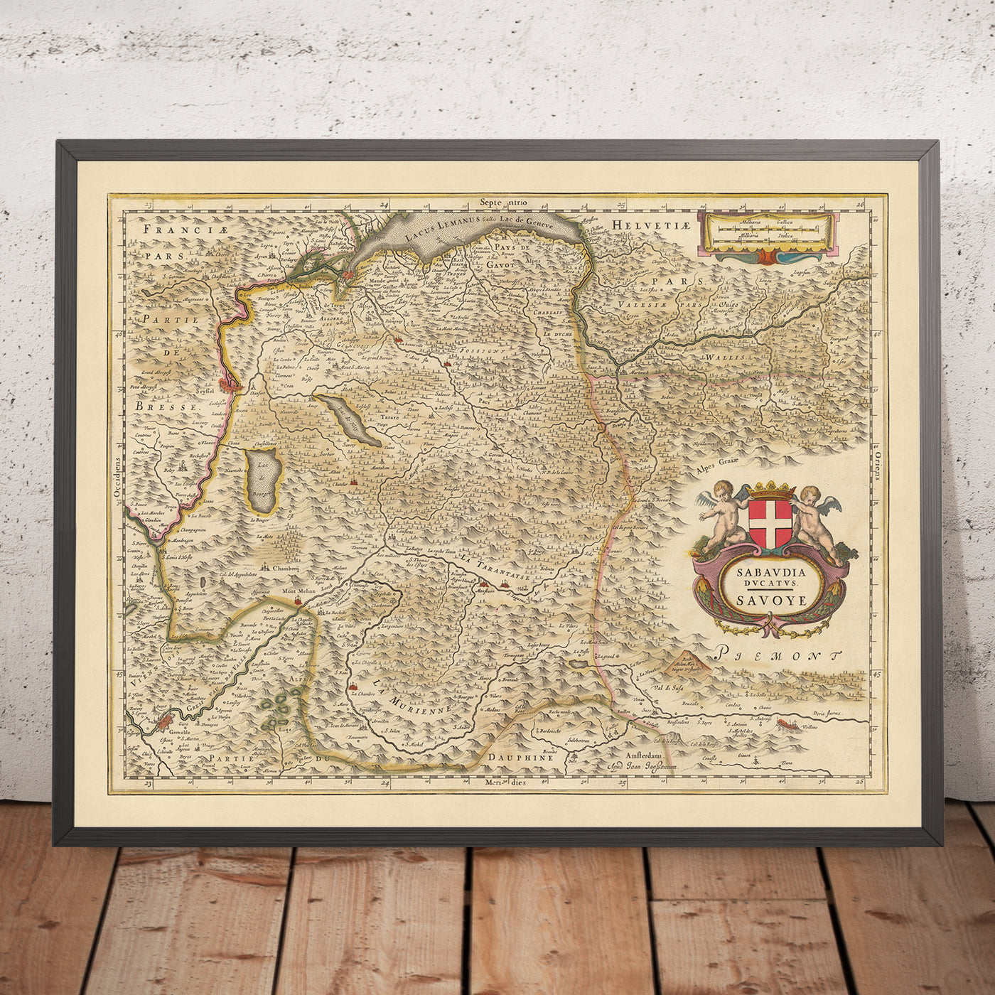 Mapa antiguo del Ducado de Saboya, Francia por Visscher, 1690: Ginebra, Grenoble, Chambéry, Chamonix, Parque Nacional Vanoise