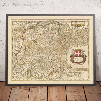 Mapa antiguo del Ducado de Saboya, Francia por Visscher, 1690: Ginebra, Grenoble, Chambéry, Chamonix, Parque Nacional Vanoise