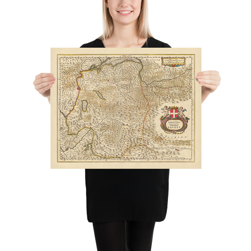 Mapa antiguo del Ducado de Saboya, Francia por Visscher, 1690: Ginebra, Grenoble, Chambéry, Chamonix, Parque Nacional Vanoise