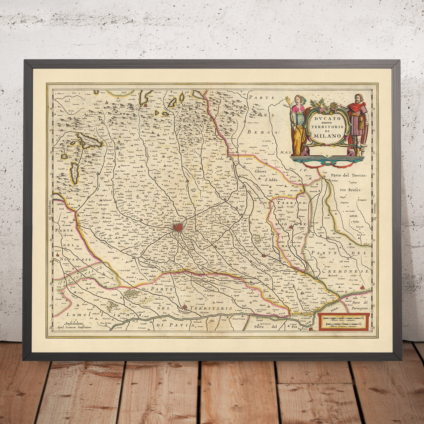 Old Map of Duchy of Milan, Italy by Visscher, 1690: Como, Bergamo, Pavia, Piacenza, Parco Agricolo Sud Milano