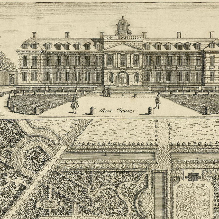 Wrest Park, la Casa e i Giardini del Duca di Kent di John Rocque, 1737 