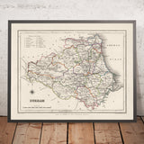 Ancienne carte de Durham par Samuel Lewis, 1844 : Sunderland, Stockton-on-Tees, Hartlepool, Bishop Auckland, Darlington