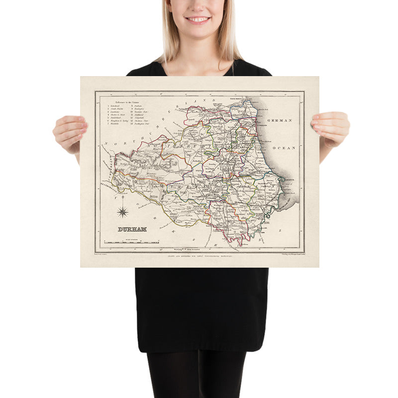 Mappa Antica di Durham di Samuel Lewis, 1844: Sunderland, Stockton-on-Tees, Hartlepool, Bishop Auckland, Darlington 