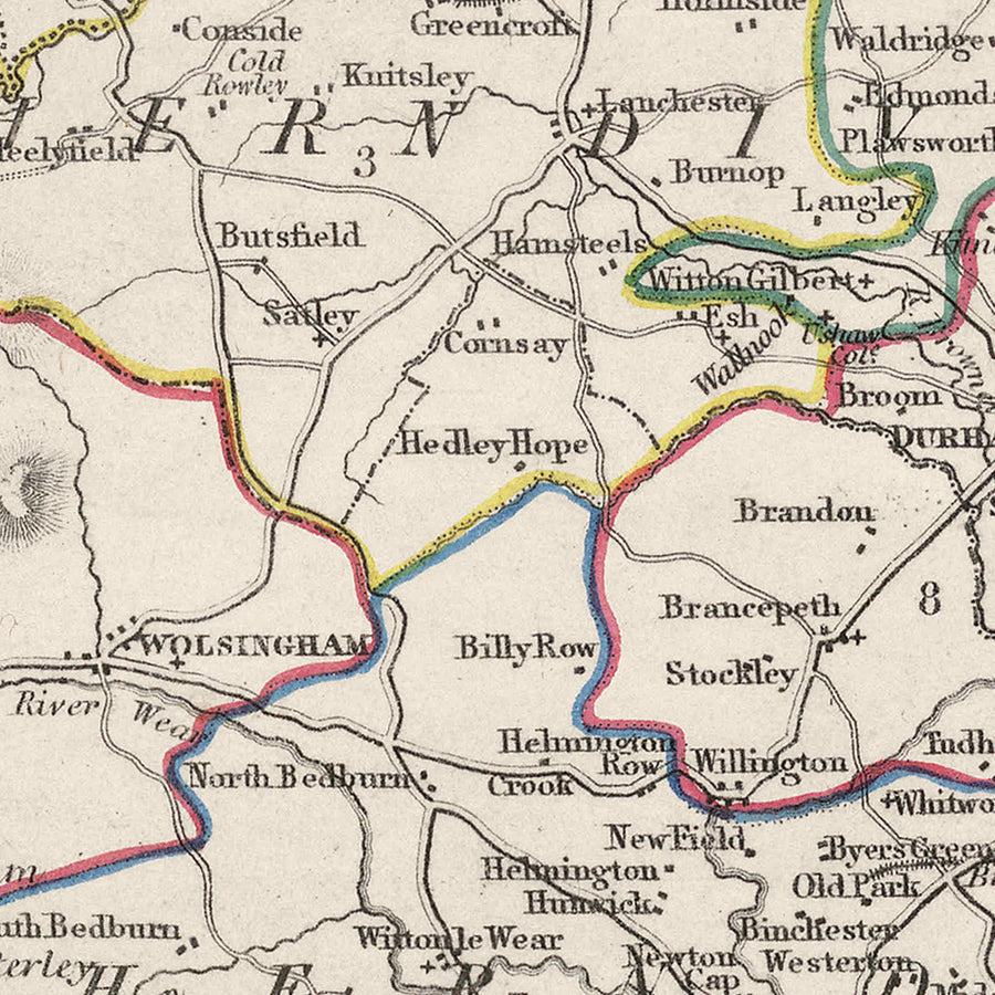 Mappa Antica di Durham di Samuel Lewis, 1844: Sunderland, Stockton-on-Tees, Hartlepool, Bishop Auckland, Darlington 