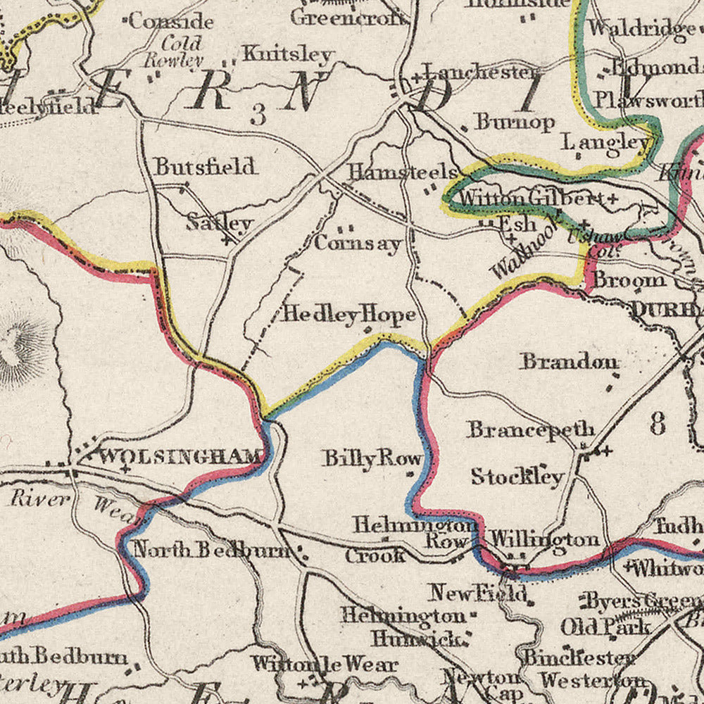 Old Map of Durham by Samuel Lewis, 1844: Sunderland, Stockton-on-Tees, Hartlepool, Bishop Auckland, Darlington
