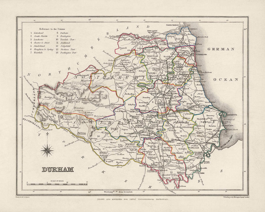 Mappa Antica di Durham di Samuel Lewis, 1844: Sunderland, Stockton-on-Tees, Hartlepool, Bishop Auckland, Darlington 