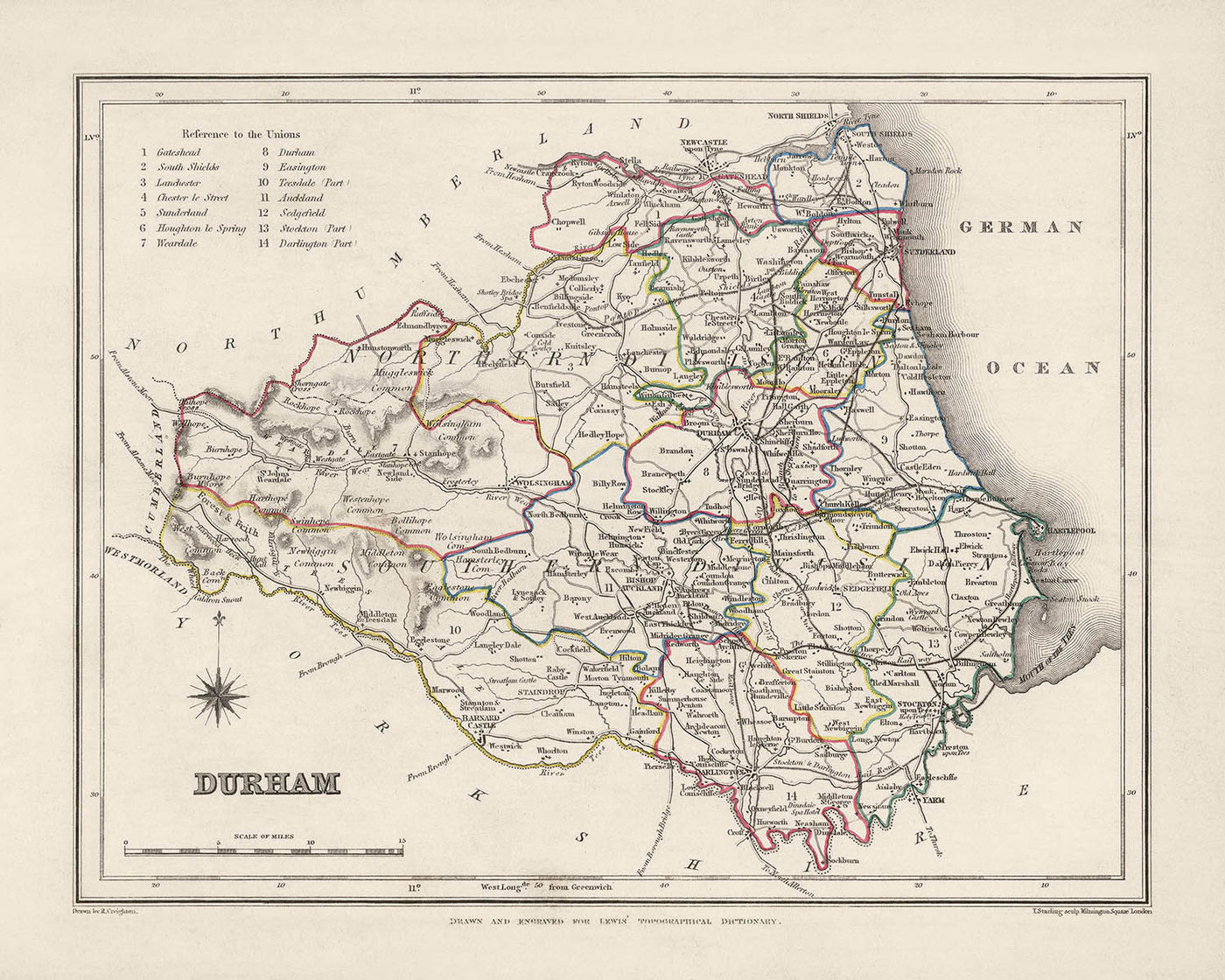 Old Map of Durham by Samuel Lewis, 1844: Sunderland, Stockton-on-Tees, Hartlepool, Bishop Auckland, Darlington