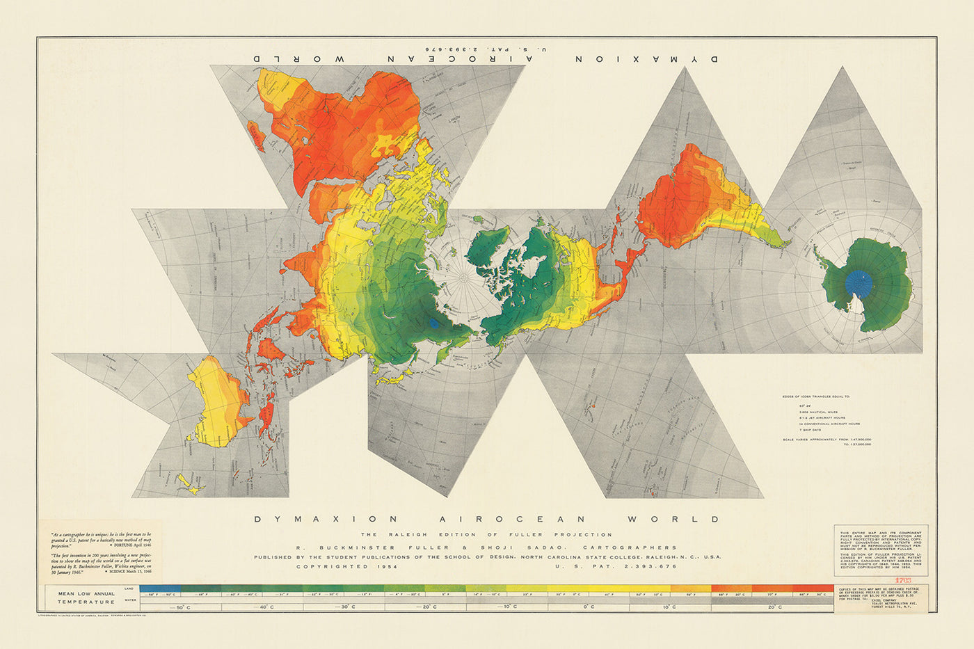 Antigua Mapa Mundial Airocean Dymaxion de Buckminster Fuller, 1954: Proyección Icosaédrica, Una Isla Tierra 