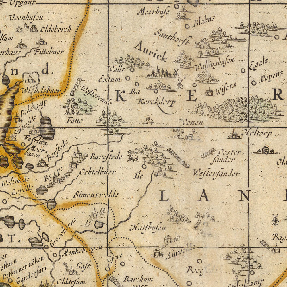 Ancienne carte de la Frise orientale par Visscher, 1690 : Wilhelmshaven, Emden, Aurich, Leer, réserve naturelle de Leyhörn