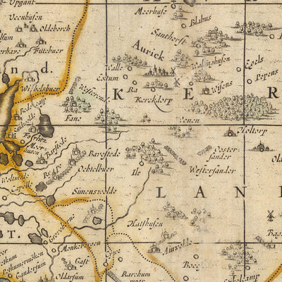 Ancienne carte de la Frise orientale par Visscher, 1690 : Wilhelmshaven, Emden, Aurich, Leer, réserve naturelle de Leyhörn