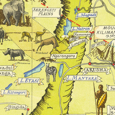 Alte bildliche Karte von Ostafrika von Mathews, 1949: Serengeti, Kilimandscharo, Kenia, Tansania, Uganda 