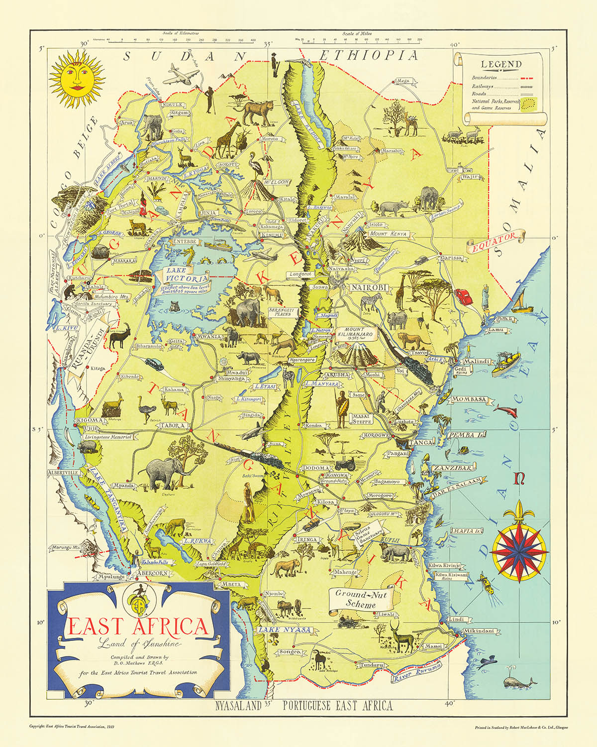 Alte bildliche Karte von Ostafrika von Mathews, 1949: Serengeti, Kilimandscharo, Kenia, Tansania, Uganda 