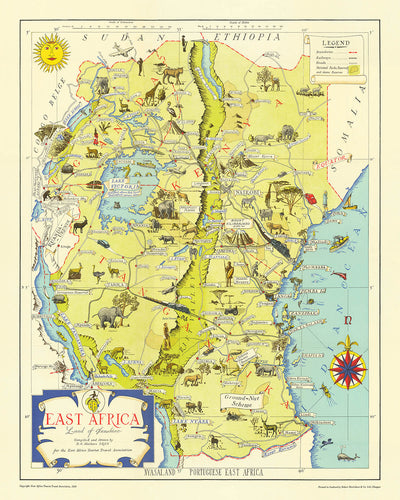 Alte bildliche Karte von Ostafrika von Mathews, 1949: Serengeti, Kilimandscharo, Kenia, Tansania, Uganda 