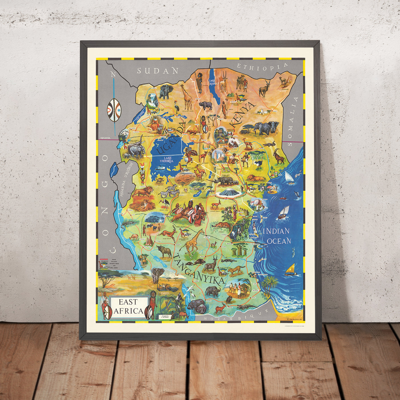 Old Pictorial Map of East Africa by McKenzie, 1961: Nairobi, Serengeti, Tsavo, Kilimanjaro, Victoria