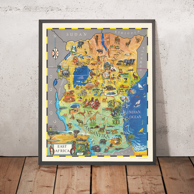 Old Pictorial Map of East Africa by McKenzie, 1961: Nairobi, Serengeti, Tsavo, Kilimanjaro, Victoria