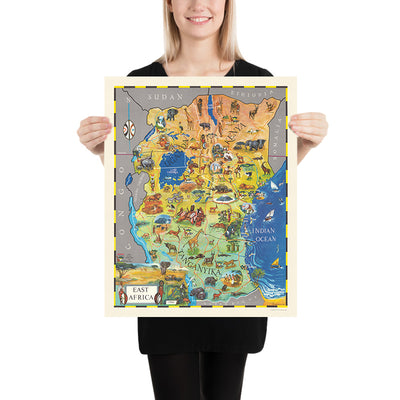 Old Pictorial Map of East Africa by McKenzie, 1961: Nairobi, Serengeti, Tsavo, Kilimanjaro, Victoria