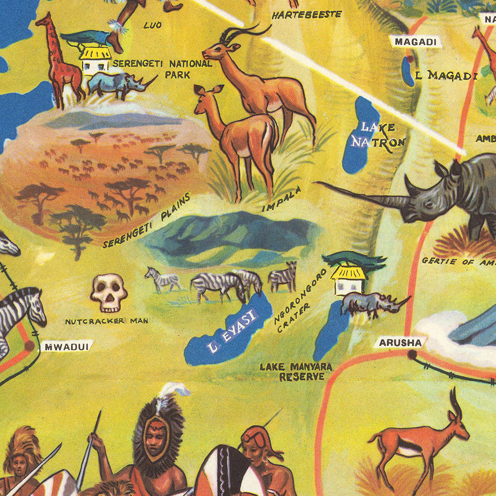 Old Pictorial Map of East Africa by McKenzie, 1961: Nairobi, Serengeti, Tsavo, Kilimanjaro, Victoria