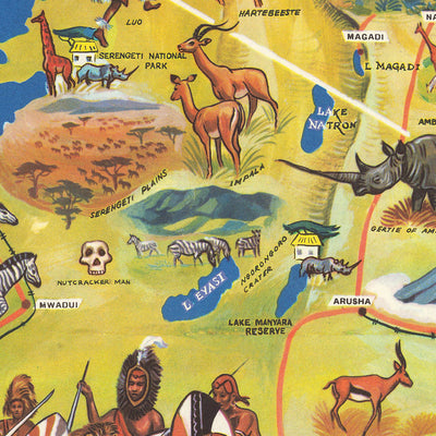 Old Pictorial Map of East Africa by McKenzie, 1961: Nairobi, Serengeti, Tsavo, Kilimanjaro, Victoria