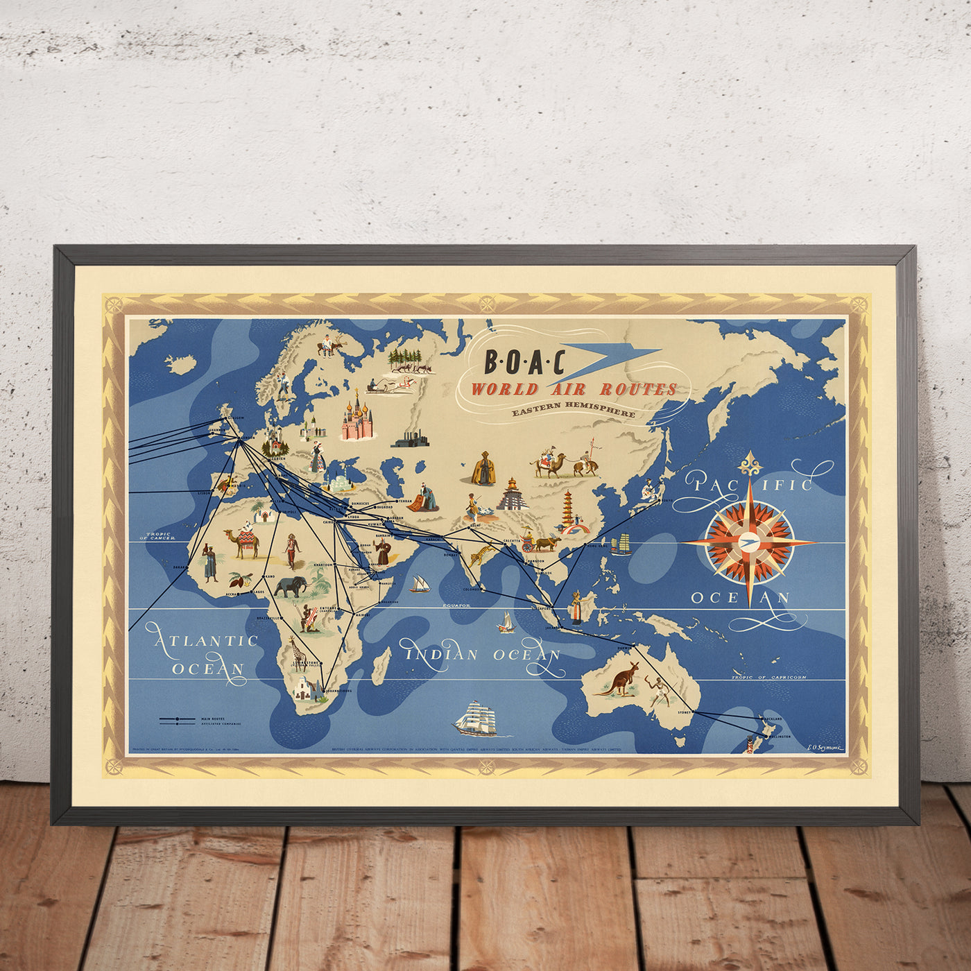 Old Pictorial Map of Eastern Hemisphere Air Routes by BOAC, 1949: Mid-Twentieth Century Aviation