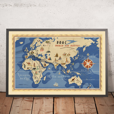 Old Pictorial Map of Eastern Hemisphere Air Routes by BOAC, 1949: Mid-Twentieth Century Aviation