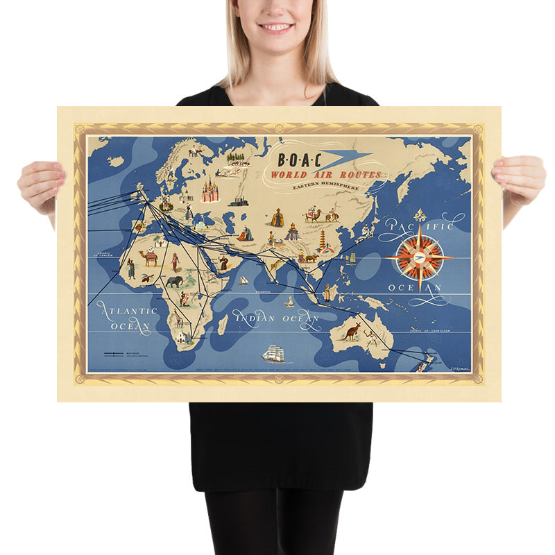 Old Pictorial Map of Eastern Hemisphere Air Routes by BOAC, 1949: Mid-Twentieth Century Aviation
