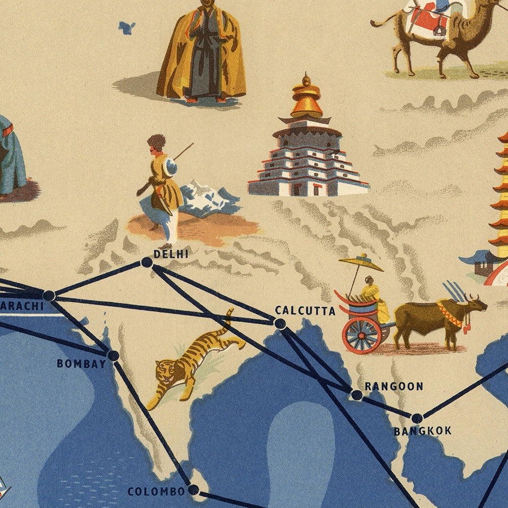 Old Pictorial Map of Eastern Hemisphere Air Routes by BOAC, 1949: Mid-Twentieth Century Aviation