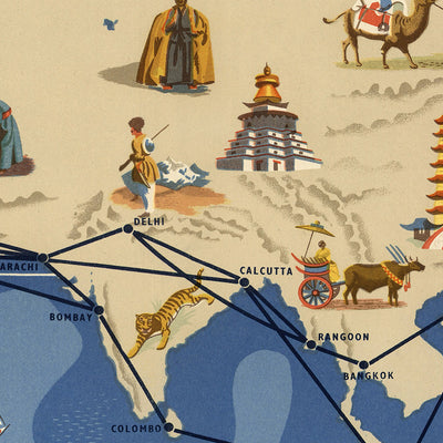 Old Pictorial Map of Eastern Hemisphere Air Routes by BOAC, 1949: Mid-Twentieth Century Aviation