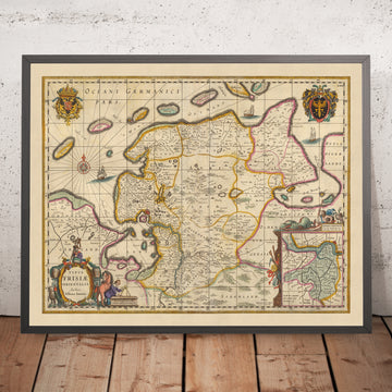 Mapa antiguo de Frisia Oriental por Visscher, 1690: Wilhelmshaven, Emden, Aurich, Leer, Reserva Natural de Leyhörn