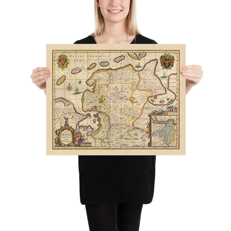 Ancienne carte de la Frise orientale par Visscher, 1690 : Wilhelmshaven, Emden, Aurich, Leer, réserve naturelle de Leyhörn