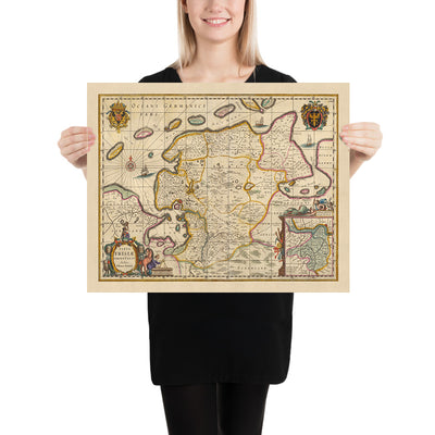 Ancienne carte de la Frise orientale par Visscher, 1690 : Wilhelmshaven, Emden, Aurich, Leer, réserve naturelle de Leyhörn