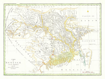 Ancienne carte de l'Inde orientale et du Bangladesh par William Bolts, 1773 : Calcutta, Dacca, Patna, Murshidabad