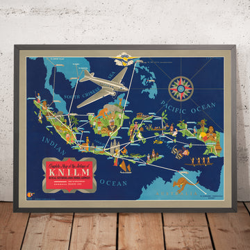 Old Map of Dutch East Indies Airplane Routes by Wijga, 1935: Art Deco, Airline Routes, Cultural Illustrations