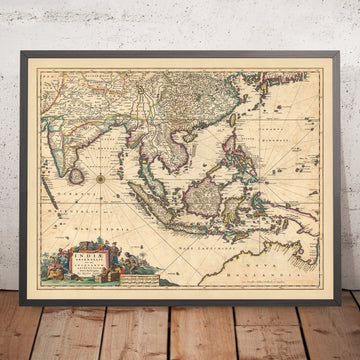 Old Map of the East Indies by Visscher, 1690: Southeast Asia, South Asia, Southern China, Northern Territory, Himalayas