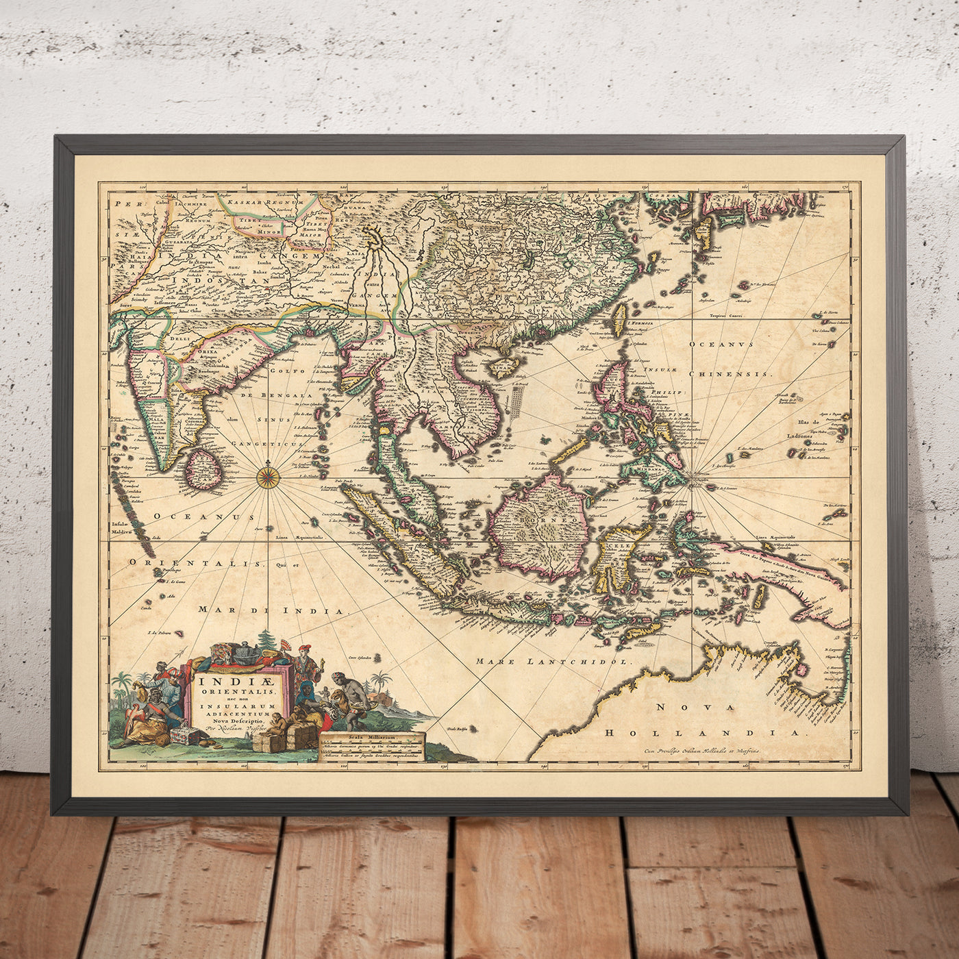 Old Map of the East Indies by Visscher, 1690: Southeast Asia, South Asia, Southern China, Northern Territory, Himalayas