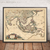 Old Map of the East Indies by Visscher, 1690: Southeast Asia, South Asia, Southern China, Northern Territory, Himalayas