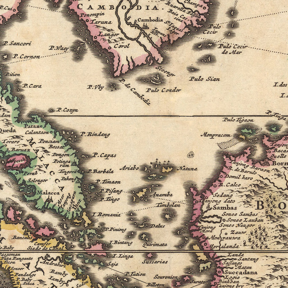 Old Map of the East Indies by Visscher, 1690: Southeast Asia, South Asia, Southern China, Northern Territory, Himalayas