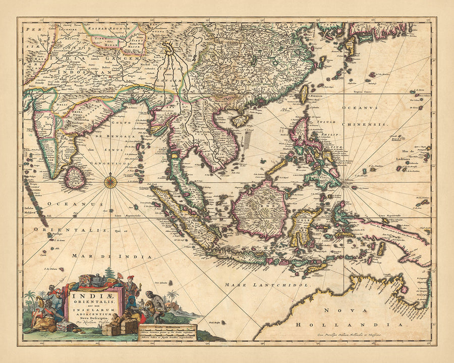 Mappa antica delle Indie orientali di Visscher, 1690: Sud-est asiatico, Sud dell&