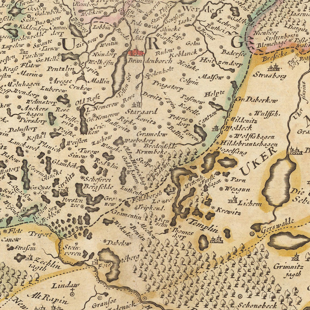 Antiguo mapa del electorado de Brandeburgo por Visscher, 1690: Berlín, Stralsund, Rostock, Szczecin, Magdeburgo