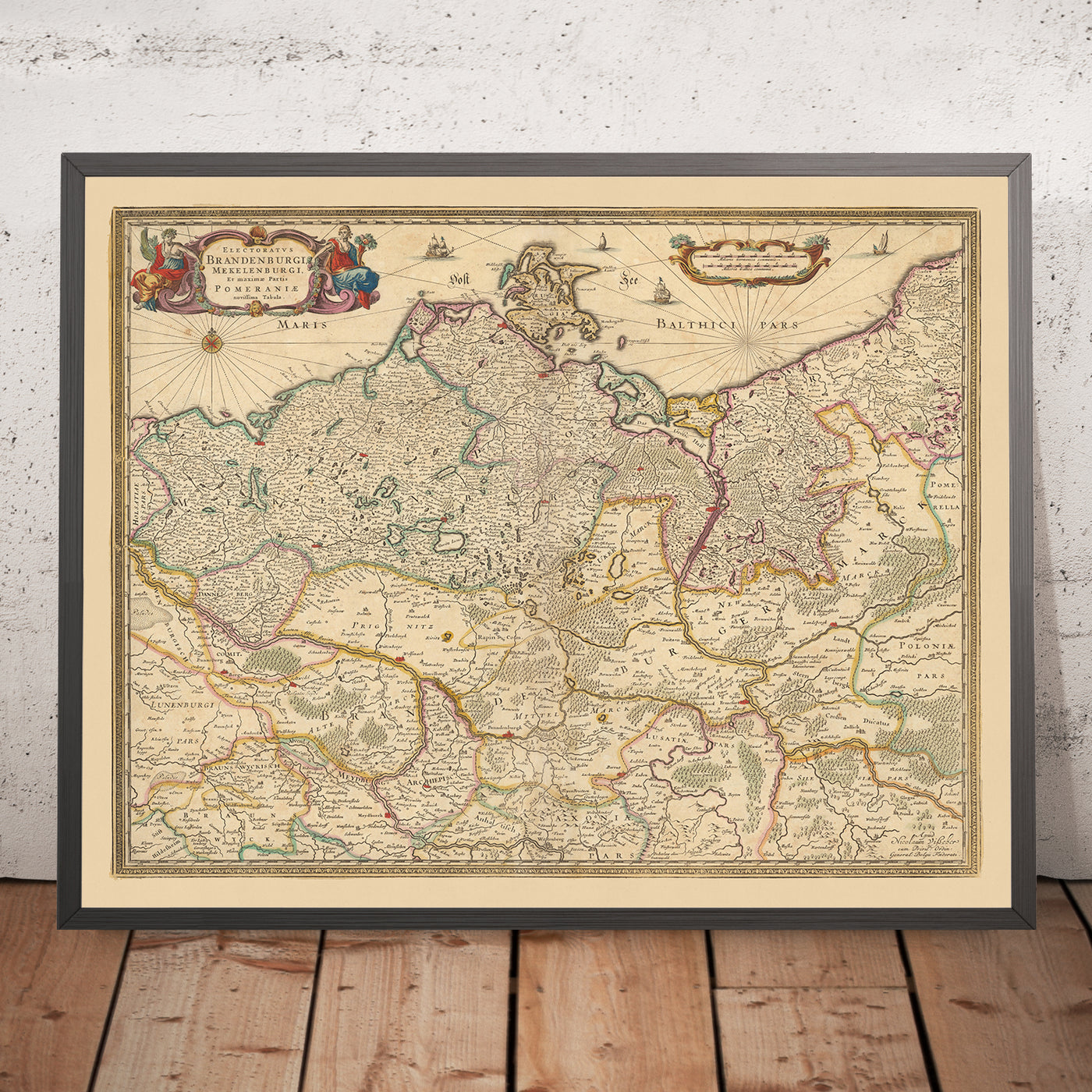 Antiguo mapa del electorado de Brandeburgo por Visscher, 1690: Berlín, Stralsund, Rostock, Szczecin, Magdeburgo