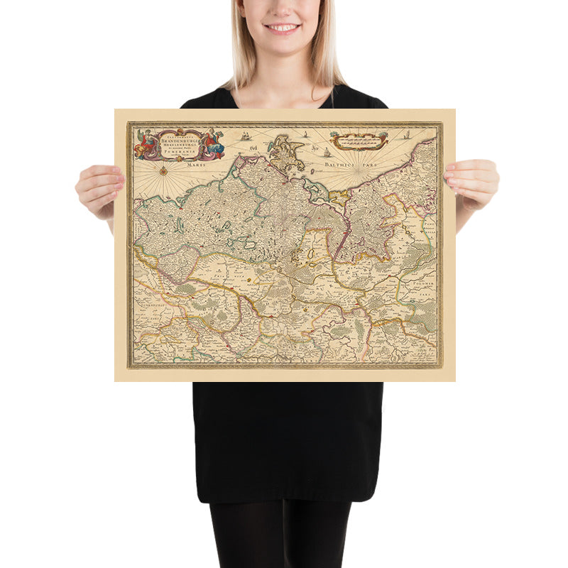 Antiguo mapa del electorado de Brandeburgo por Visscher, 1690: Berlín, Stralsund, Rostock, Szczecin, Magdeburgo