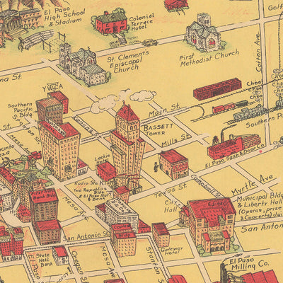 Antigua Mapa Pictórico de El Paso y Juárez por Dockum, 1932: Misión Guadalupe, Camino Real, Fort Bliss, Río Grande, Unión Depot 